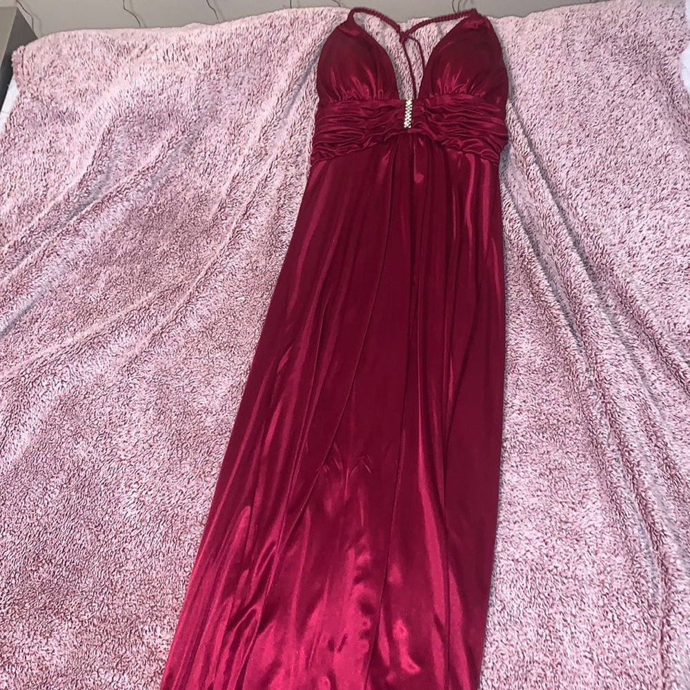 Burgundy halter neck floor length dress